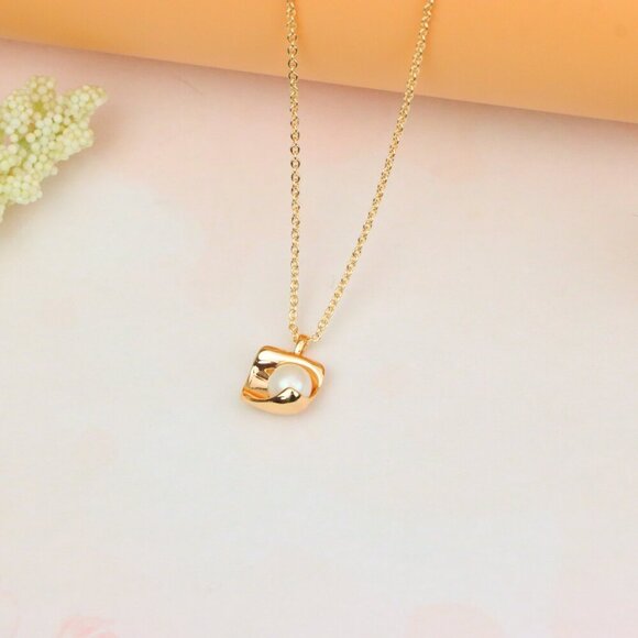 "Rose Gold Necklace with Modern Square Pendant and Pearl Accent, XPNL1885 - Picture 10 of 13